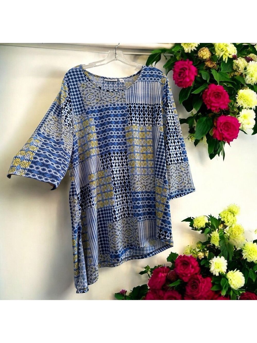 Susan Graver Tunic Blouse Womens XL Blue & White Floral Stripes 3/4 Bell Sleeves